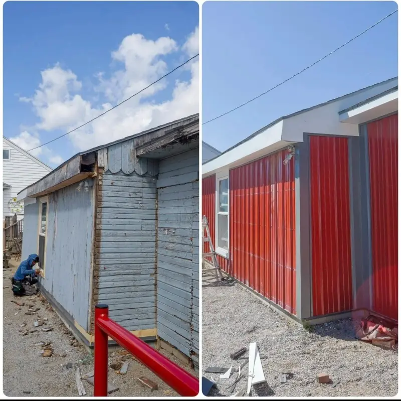 Before and after: weathered, peeling wood siding replaced with new red metal panels