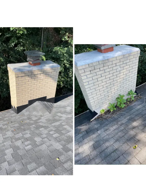 Chimney before and after: new flashing where the brick meets the shingle roof
